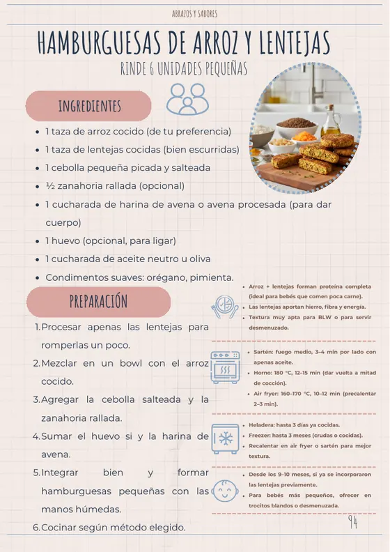 Página de muestra: hamburguesas de arroz y lentejas